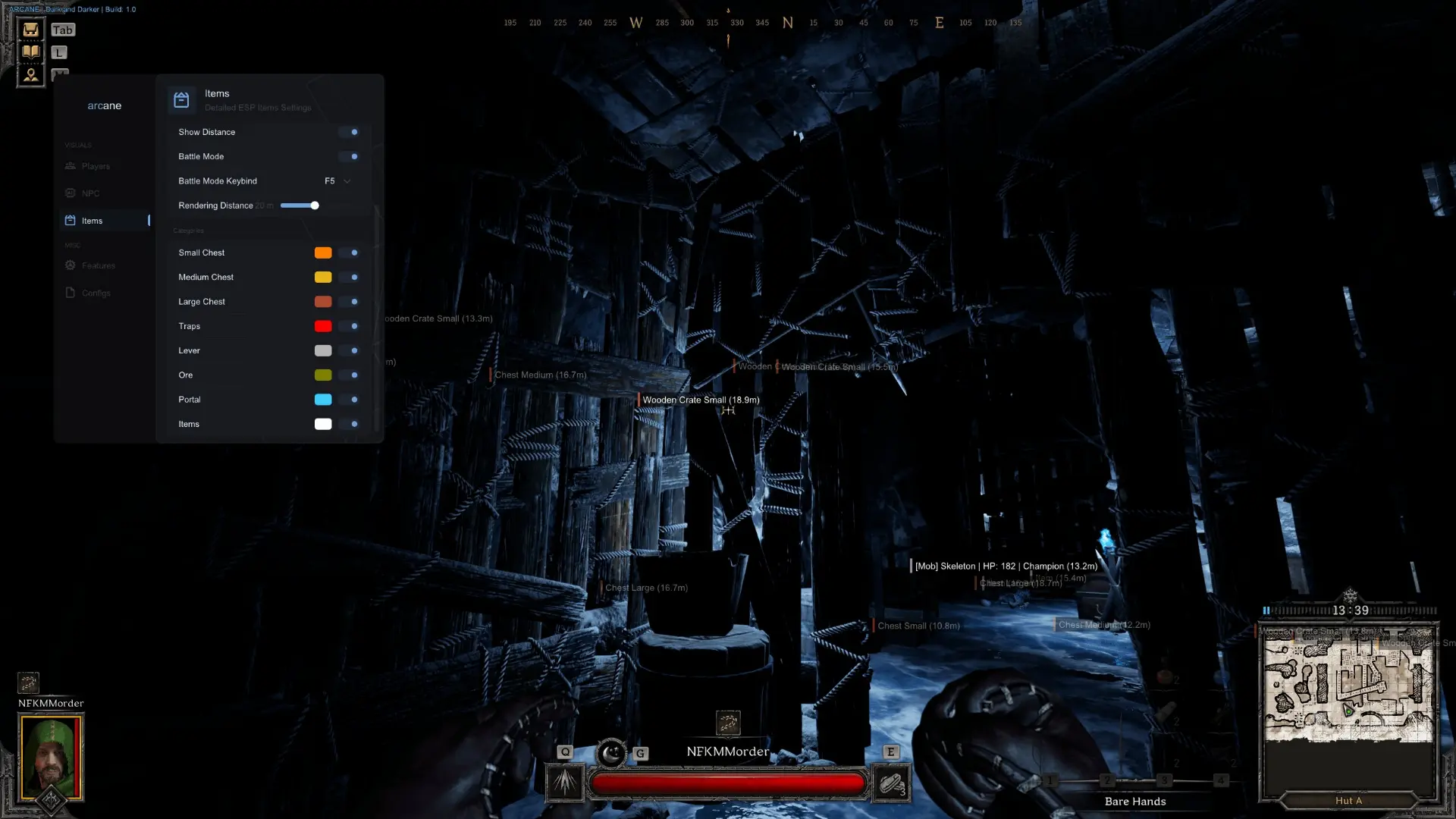 Dark and Darker cheat item ESP menu with chest, ore and portal colour settings
